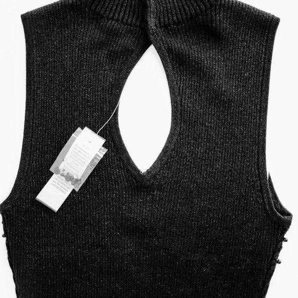 CACHE  Black Sleeveless, Mock Turtleneck, Sheer Yoke, Shimmer Sweater, NWT, Sz 6 - Picture 3 of 7